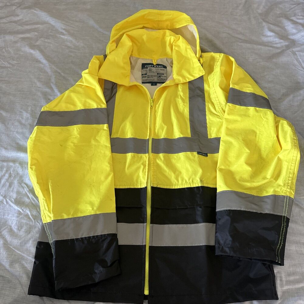 Portwest Hi Vis Reflective Rain Jacket Size Small Yellow Black Waterproof Hooded